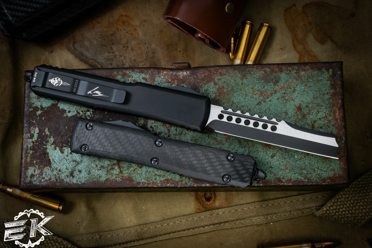 Microtech Ultratech Hellhound Razor Carbon Fiber OTF Automatic Knife 3.4" Black 119R-1CFS 4 Microtech Ultratech Hellhound Razor Carbon Fiber OTF Automatic Knife 3.4" Black 119R-1CFS - Image 2