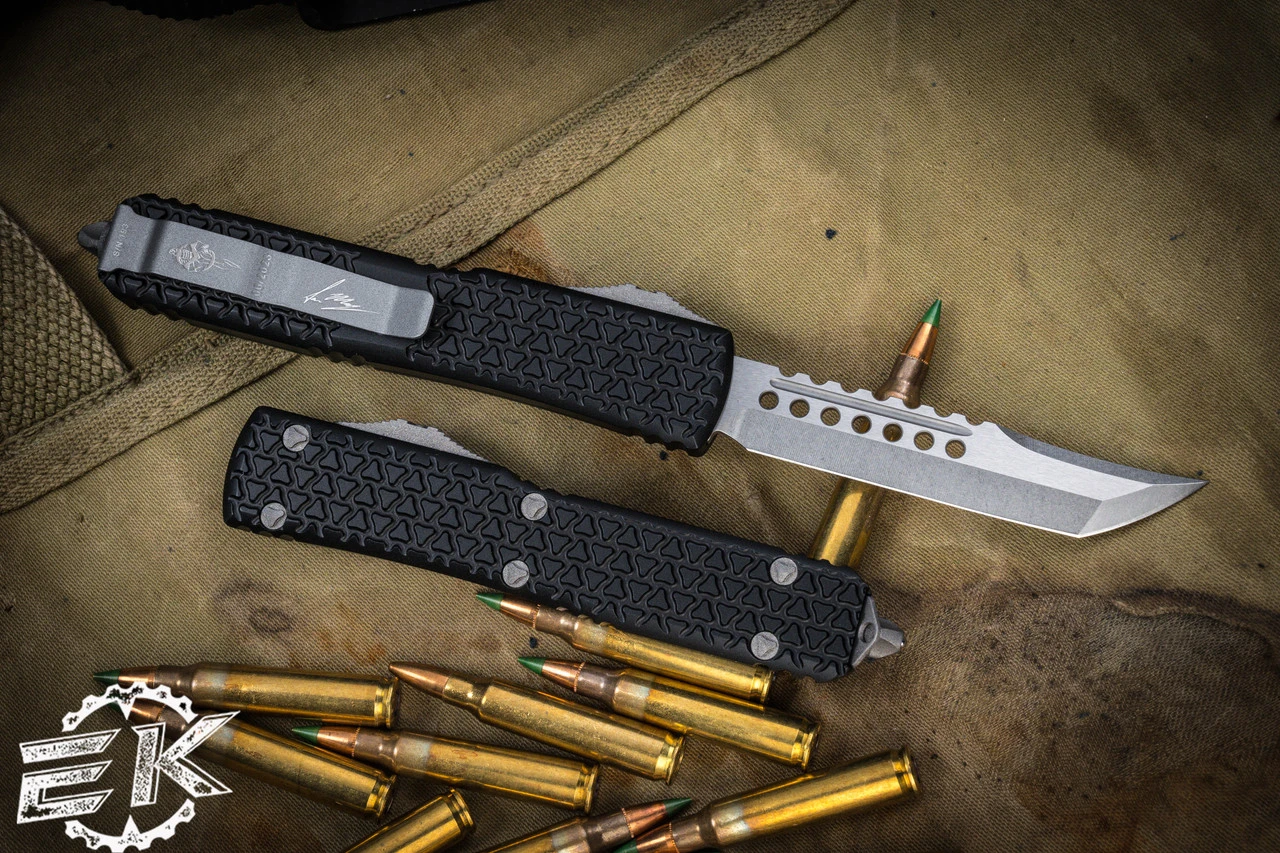 Microtech Ultratech Tri-Grip Hellhound OTF Automatic Knife Gun Metal Hardware 3.4" Stonewash 119T-10GMEKS (EKnives EKclusive) 4 Microtech Ultratech Tri-Grip Hellhound OTF Automatic Knife Gun Metal Hardware 3.4" Stonewash 119T-10GMEKS (EKnives EKclusive) - Image 2