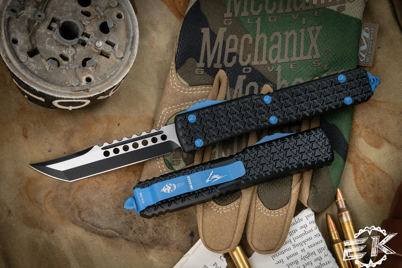 Microtech Ultratech Tri Grip Hellhound OTF Automatic Knife Patriot Blue Hardware 3.4" Black Two Tone 119T-1PBEKS (EKnives EKclusive) 3 Microtech Ultratech Tri Grip Hellhound OTF Automatic Knife Patriot Blue Hardware 3.4" Black Two Tone 119T-1PBEKS (EKnives EKclusive)