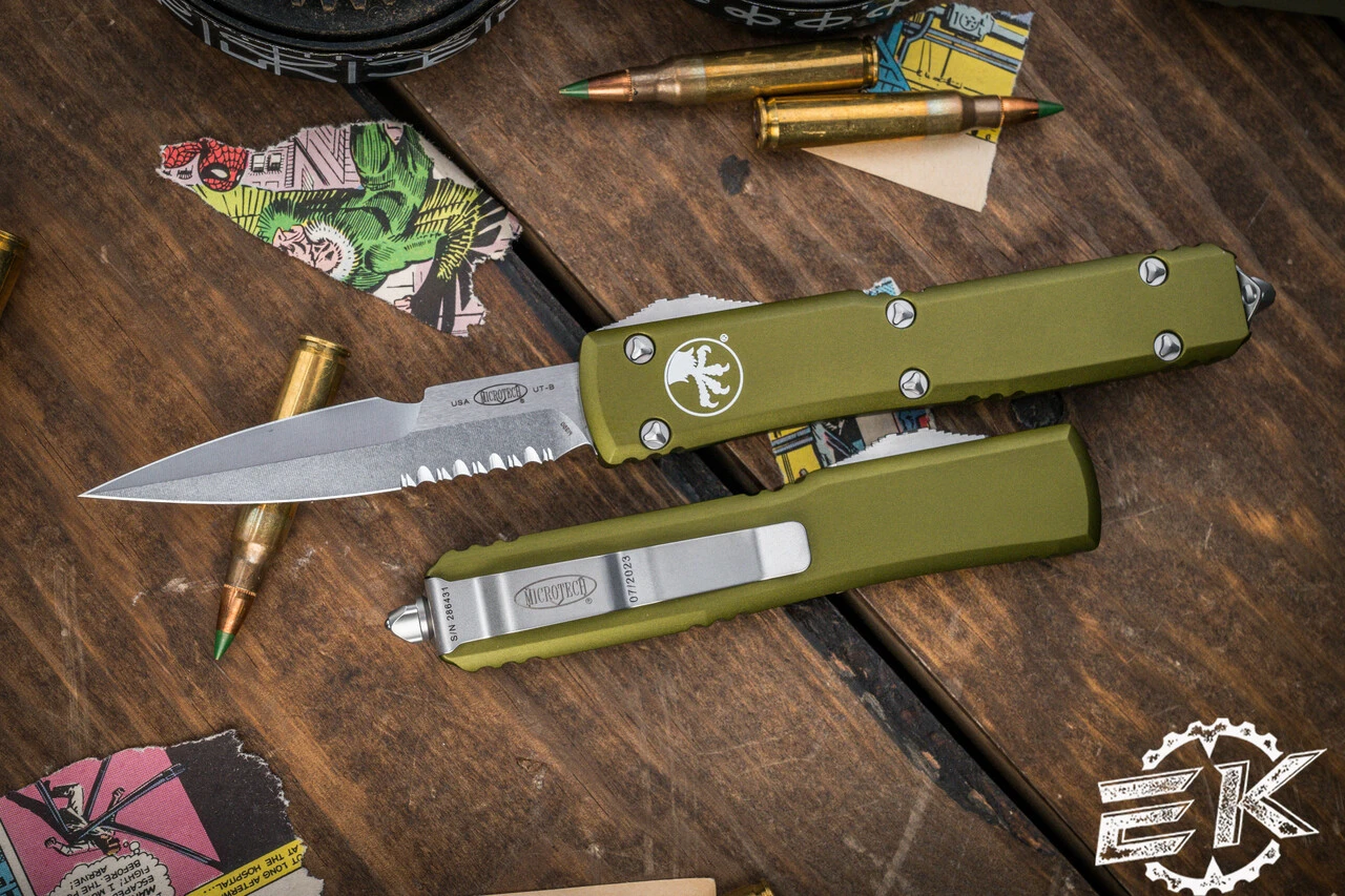 Microtech Ultratech OTF Automatic Knife OD Green 3.4" Bayonet Stonewash Serrated 120-11OD 3 Microtech Ultratech OTF Automatic Knife OD Green 3.4" Bayonet Stonewash Serrated 120-11OD