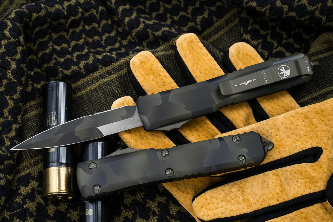 Microtech Ultratech OTF Automatic Knife Olive Camo Cerakote 3.4" Bayonet Serrated Olive Cerakote 120-2OCS 4 Microtech Ultratech OTF Automatic Knife Olive Camo Cerakote 3.4" Bayonet Serrated Olive Cerakote 120-2OCS - Image 2