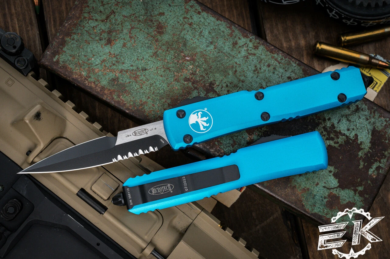 Microtech Ultratech OTF Automatic Knife Turquoise 3.4" Bayonet Black Serrated 120-2TQ 3 Microtech Ultratech OTF Automatic Knife Turquoise 3.4" Bayonet Black Serrated 120-2TQ