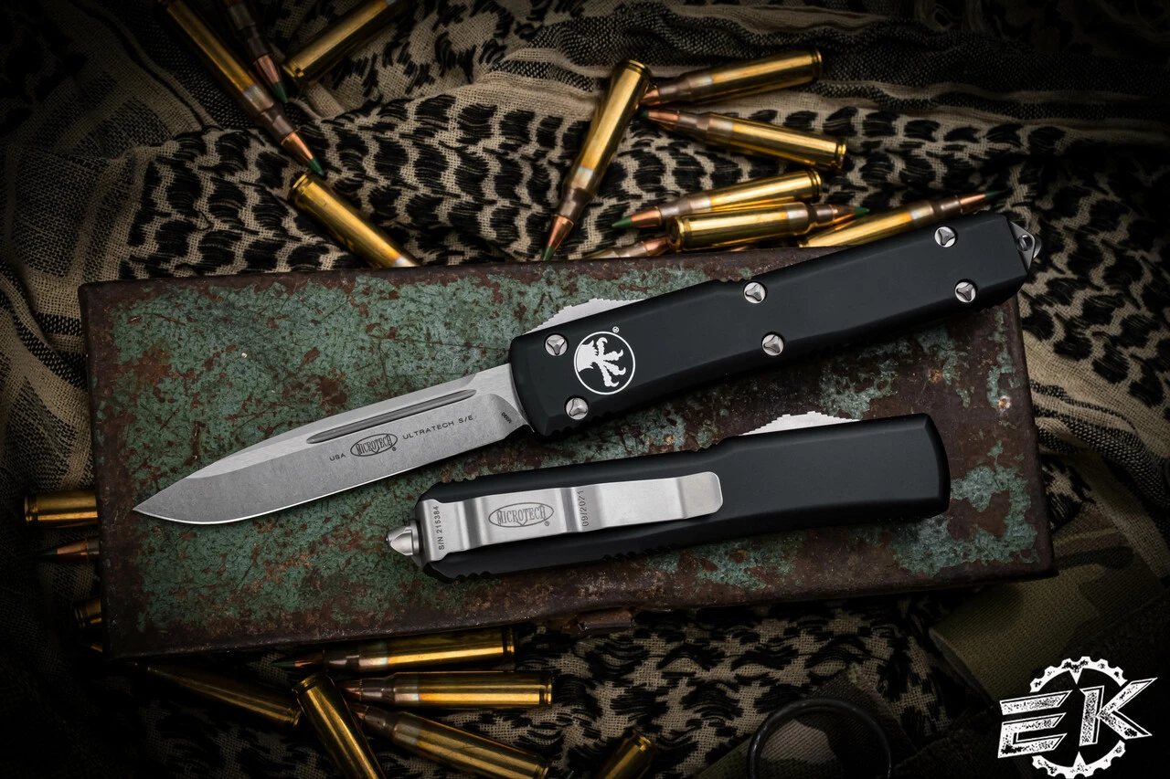 Microtech Ultratech OTF Automatic Knife Black 3.4" Drop Point Stonewash 121-10 3 Microtech Ultratech OTF Automatic Knife Black 3.4" Drop Point Stonewash 121-10