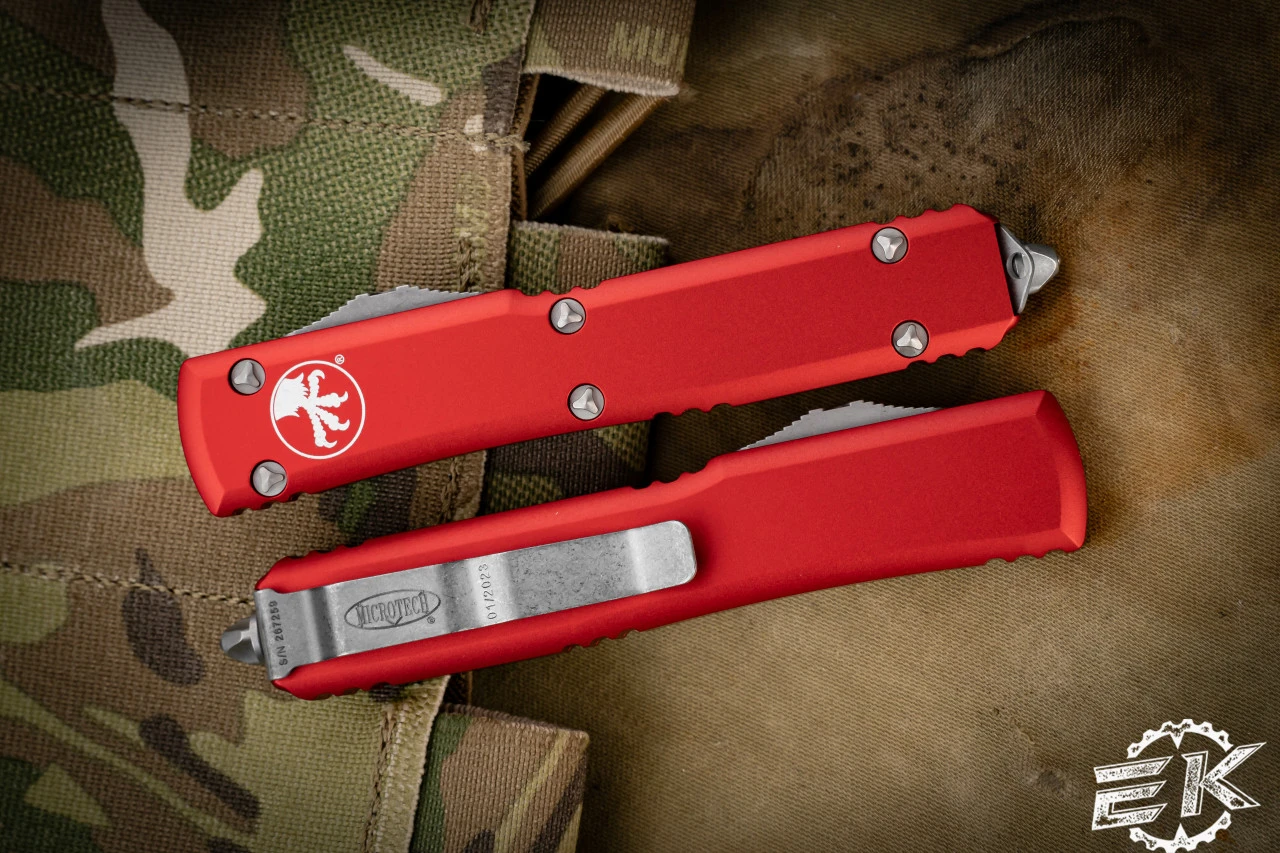 Microtech Ultratech OTF Automatic Knife Red 3.4" Drop Point Apocalyptic Stonewash 121-10APRD 5 Microtech Ultratech OTF Automatic Knife Red 3.4" Drop Point Apocalyptic Stonewash 121-10APRD - Image 3