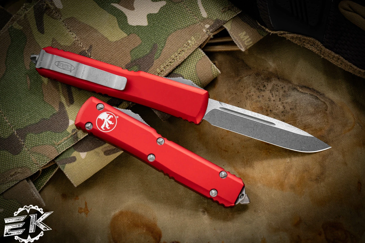 Microtech Ultratech OTF Automatic Knife Red 3.4" Drop Point Apocalyptic Stonewash 121-10APRD 4 Microtech Ultratech OTF Automatic Knife Red 3.4" Drop Point Apocalyptic Stonewash 121-10APRD - Image 2