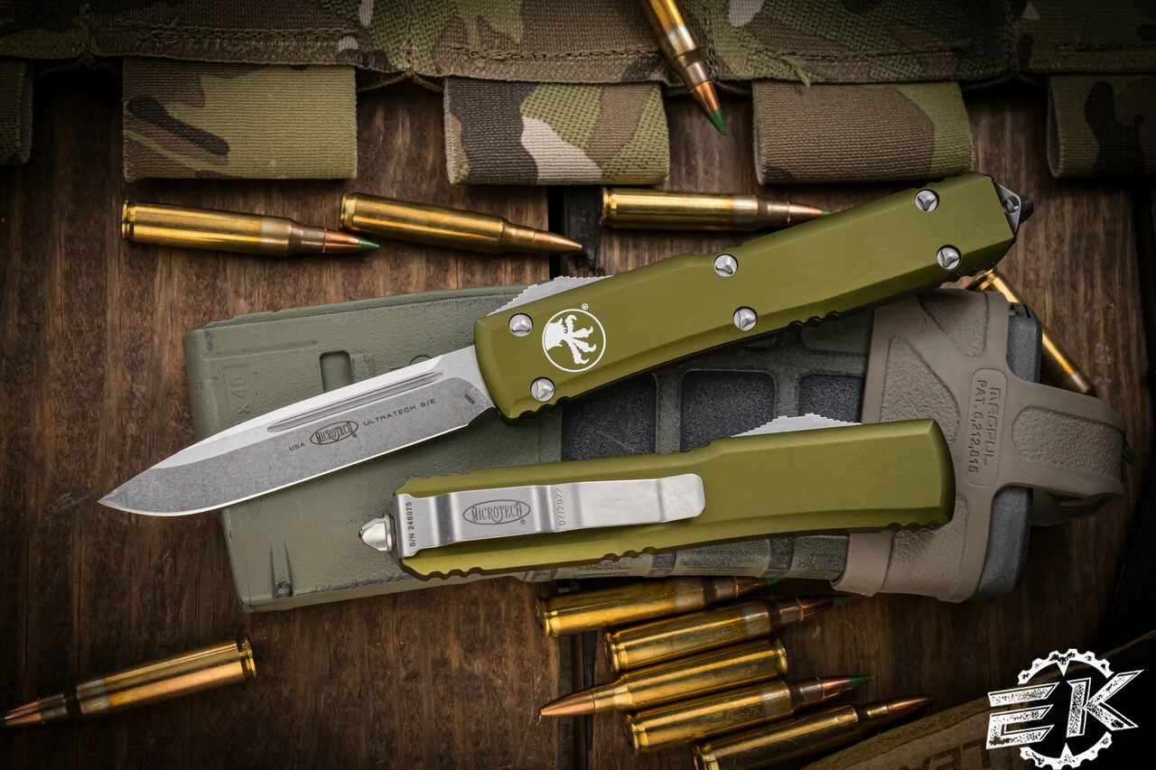 Microtech Ultratech OTF Automatic Knife OD Green 3.4" Drop Point Stonewash 121-10OD 3 Microtech Ultratech OTF Automatic Knife OD Green 3.4" Drop Point Stonewash 121-10OD