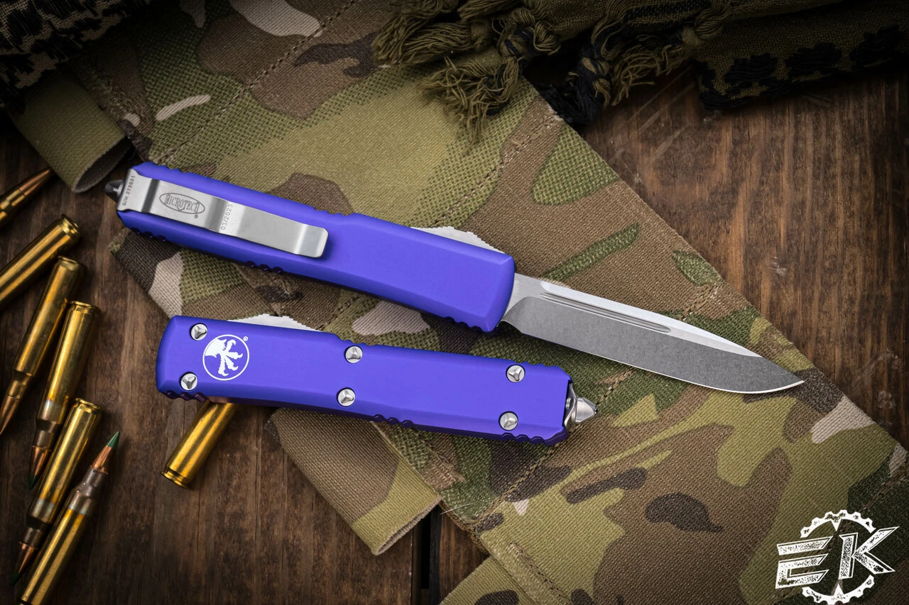 Microtech Ultratech Purple Aluminum OTF Knife 3.4" Drop Point Stonewash 121-10PU 4 Microtech Ultratech Purple Aluminum OTF Knife 3.4" Drop Point Stonewash 121-10PU - Image 2