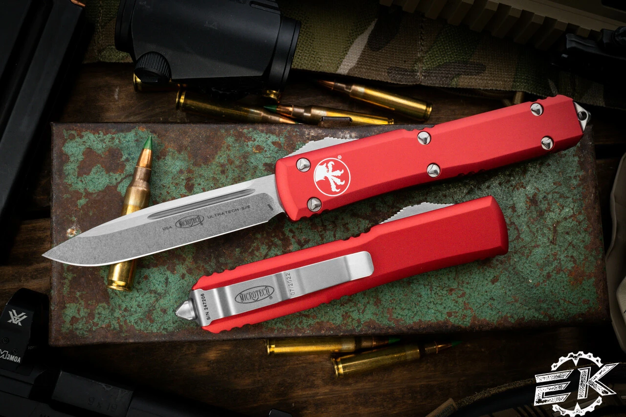 Microtech Ultratech OTF Automatic Knife Red 3.4" Drop Point Stonewash 121-10RD 3 Microtech Ultratech OTF Automatic Knife Red 3.4" Drop Point Stonewash 121-10RD