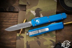 Microtech Ultratech OTF Automatic Knife Blue 3.4" Drop Point Serrated Apocalyptic 121-11APBL