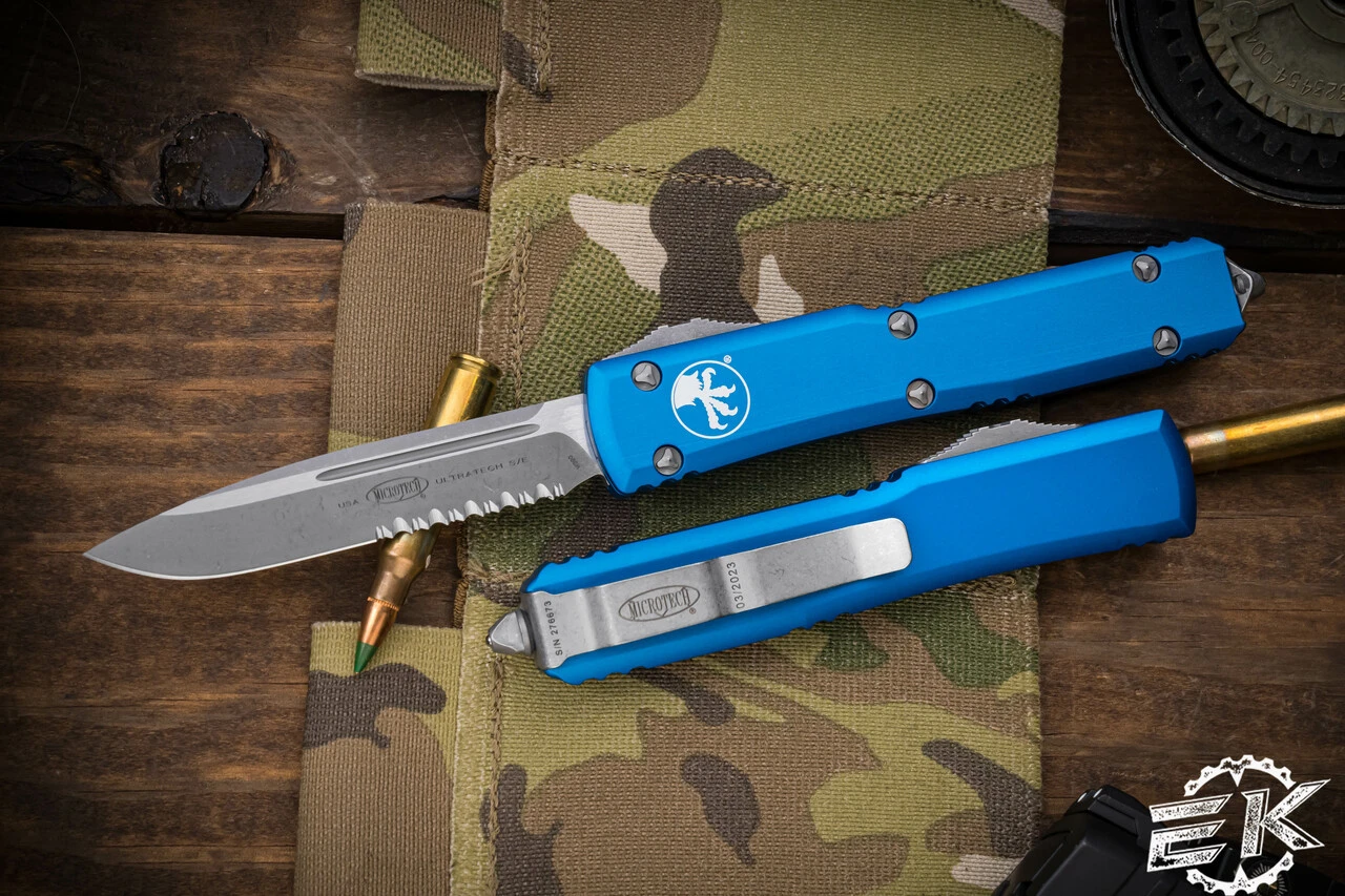 Microtech Ultratech OTF Automatic Knife Blue 3.4" Drop Point Serrated Apocalyptic 121-11APBL 3 Microtech Ultratech OTF Automatic Knife Blue 3.4" Drop Point Serrated Apocalyptic 121-11APBL