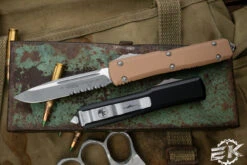 Microtech Ultratech OTF Knife Tan G10 3.4" Drop Point Apocalyptic Stonewash Serrated 121-11APGTTAS