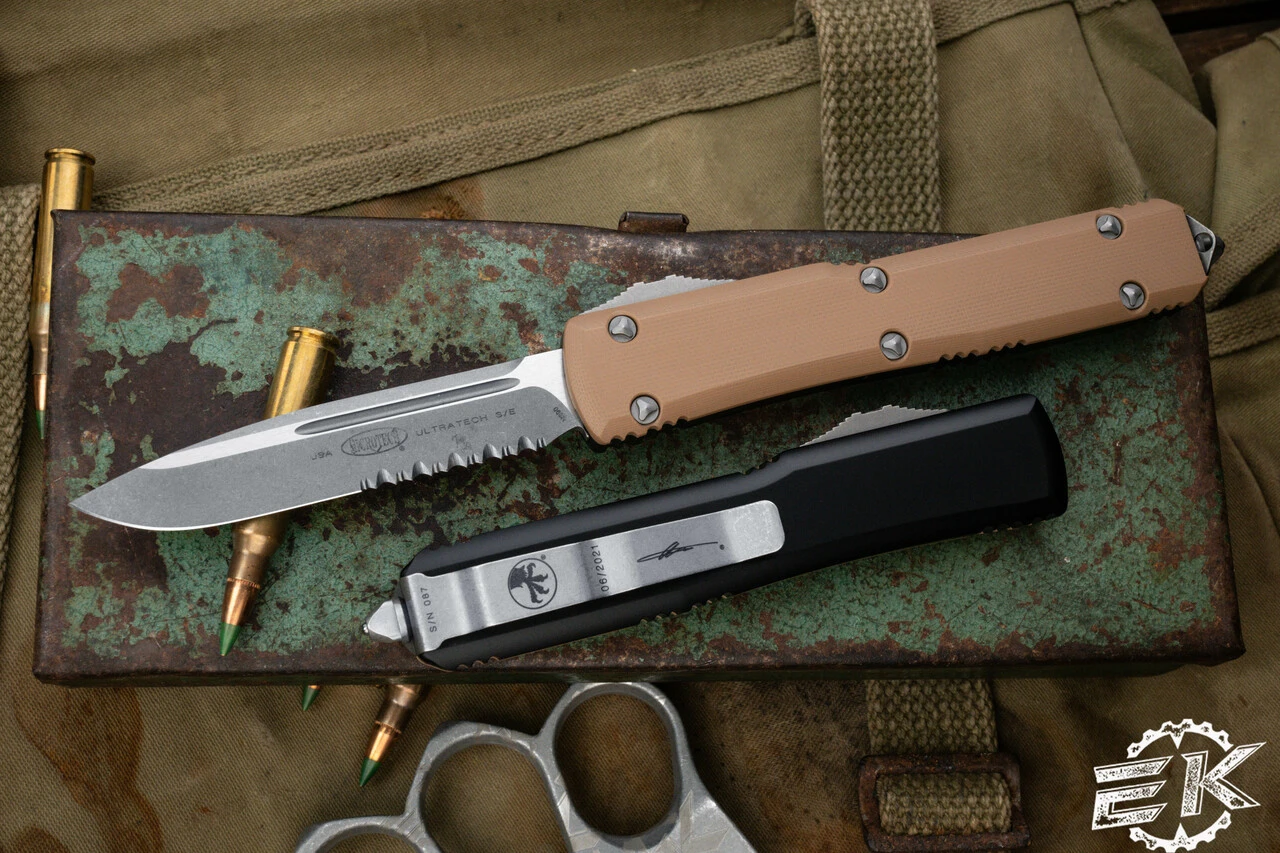 Microtech Ultratech OTF Knife Tan G10 3.4" Drop Point Apocalyptic Stonewash Serrated 121-11APGTTAS 3 Microtech Ultratech OTF Knife Tan G10 3.4" Drop Point Apocalyptic Stonewash Serrated 121-11APGTTAS