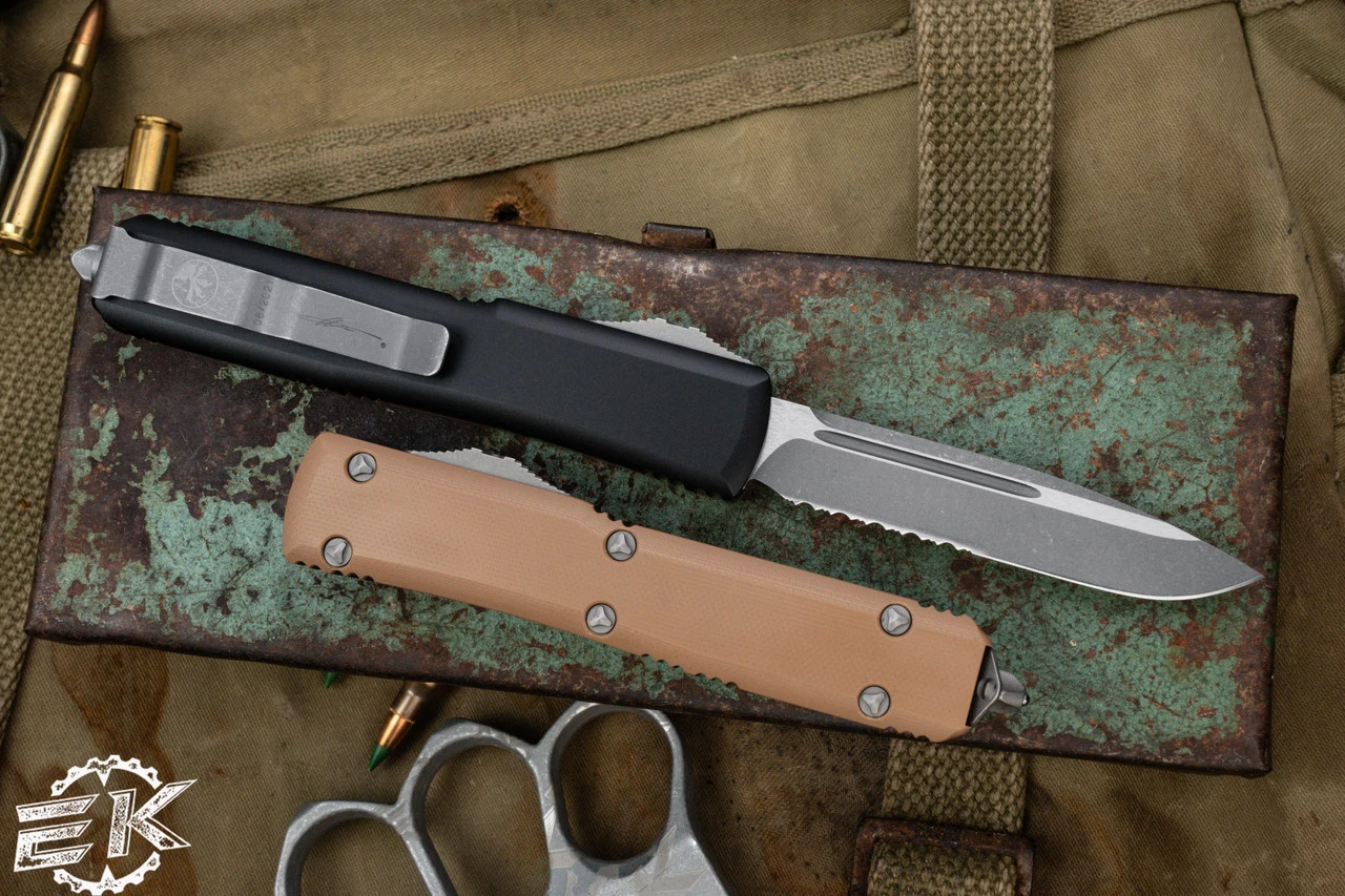 Microtech Ultratech OTF Knife Tan G10 3.4" Drop Point Apocalyptic Stonewash Serrated 121-11APGTTAS 4 Microtech Ultratech OTF Knife Tan G10 3.4" Drop Point Apocalyptic Stonewash Serrated 121-11APGTTAS - Image 2