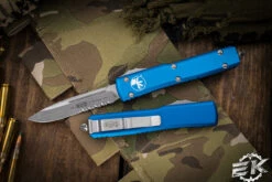 Microtech Ultratech OTF Automatic Knife Blue 3.4" Drop Point Stonewash Serrated 121-11BL