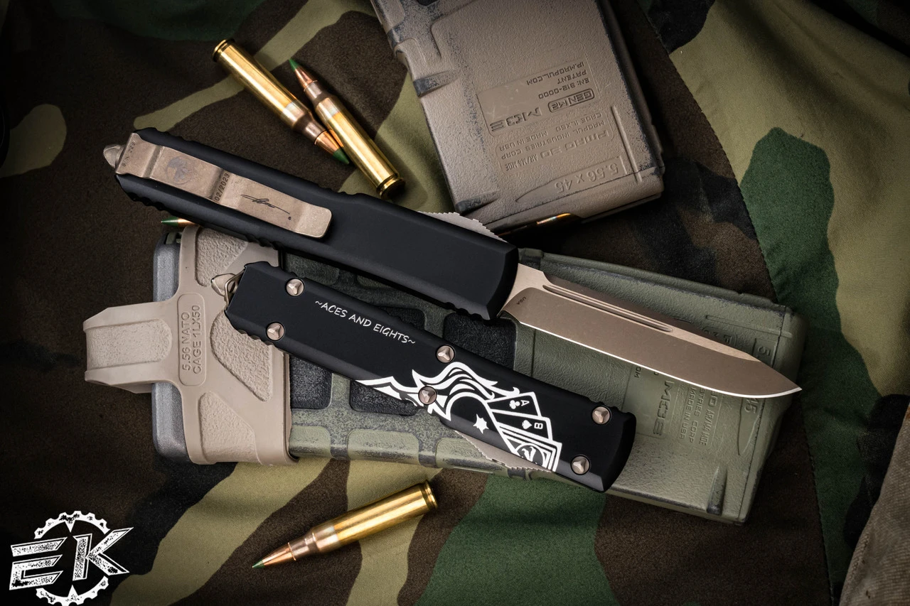 Microtech Ultratech "Dead Man's Hand" OTF Automatic Knife 3.4" Drop Point Bronze 121-13DMS 4 Microtech Ultratech "Dead Man's Hand" OTF Automatic Knife 3.4" Drop Point Bronze 121-13DMS - Image 2