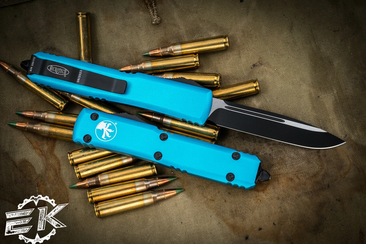Microtech Ultratech Turquoise OTF Automatic 3.4" Drop Point Black 121-1TQ 4 Microtech Ultratech Turquoise OTF Automatic 3.4" Drop Point Black 121-1TQ - Image 2