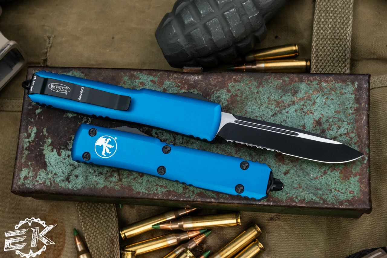 Microtech Ultratech OTF Automatic Knife Blue 3.4" Drop Point Black Serrated 121-2BL 4 Microtech Ultratech OTF Automatic Knife Blue 3.4" Drop Point Black Serrated 121-2BL - Image 2