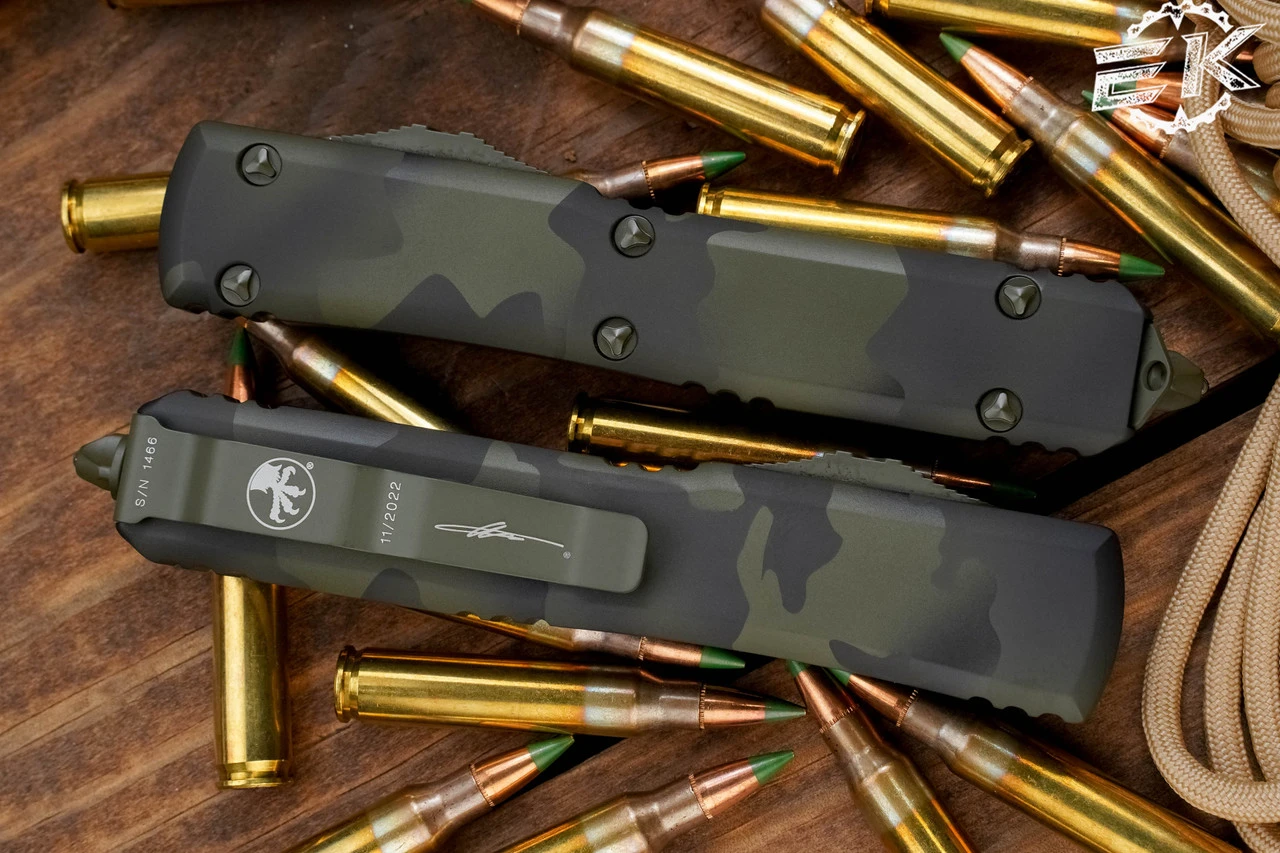 Microtech Ultratech OD Green Camo Cerakote OTF Automatic Knife 3.4" OD Camo Drop Point Serrated 121-2OCS 4 Microtech Ultratech OD Green Camo Cerakote OTF Automatic Knife 3.4" OD Camo Drop Point Serrated 121-2OCS - Image 2