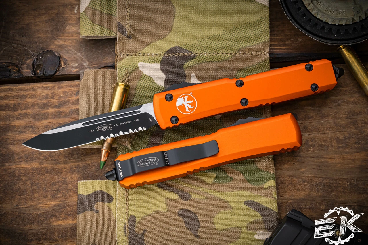 Microtech Ultratech OTF Automatic Knife Orange 3.4" Drop Point Black Serrated 121-2OR 3 Microtech Ultratech OTF Automatic Knife Orange 3.4" Drop Point Black Serrated 121-2OR