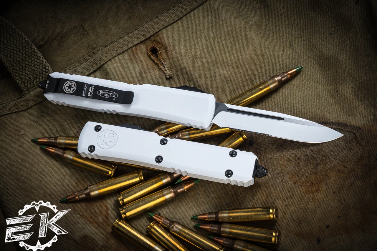 Microtech Storm Trooper Ultratech Deep Engraved OTF Knife 3.4" Drop Point Serrated 121-2STD 4 Microtech Storm Trooper Ultratech Deep Engraved OTF Knife 3.4" Drop Point Serrated 121-2STD - Image 2