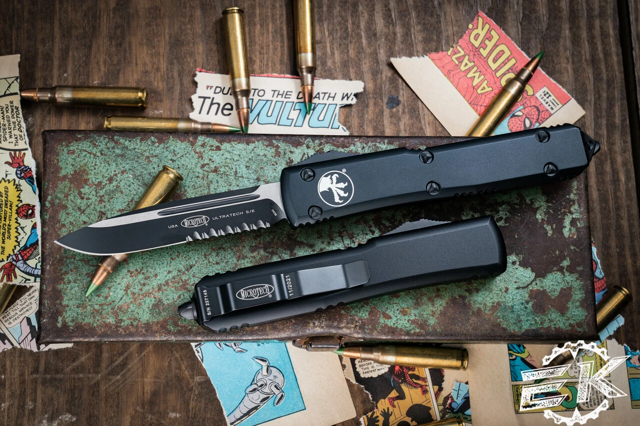 Microtech Ultratech OTF Automatic Knife Black 3.4" Black Serrated 121-2T 3 Microtech Ultratech OTF Automatic Knife Black 3.4" Black Serrated 121-2T