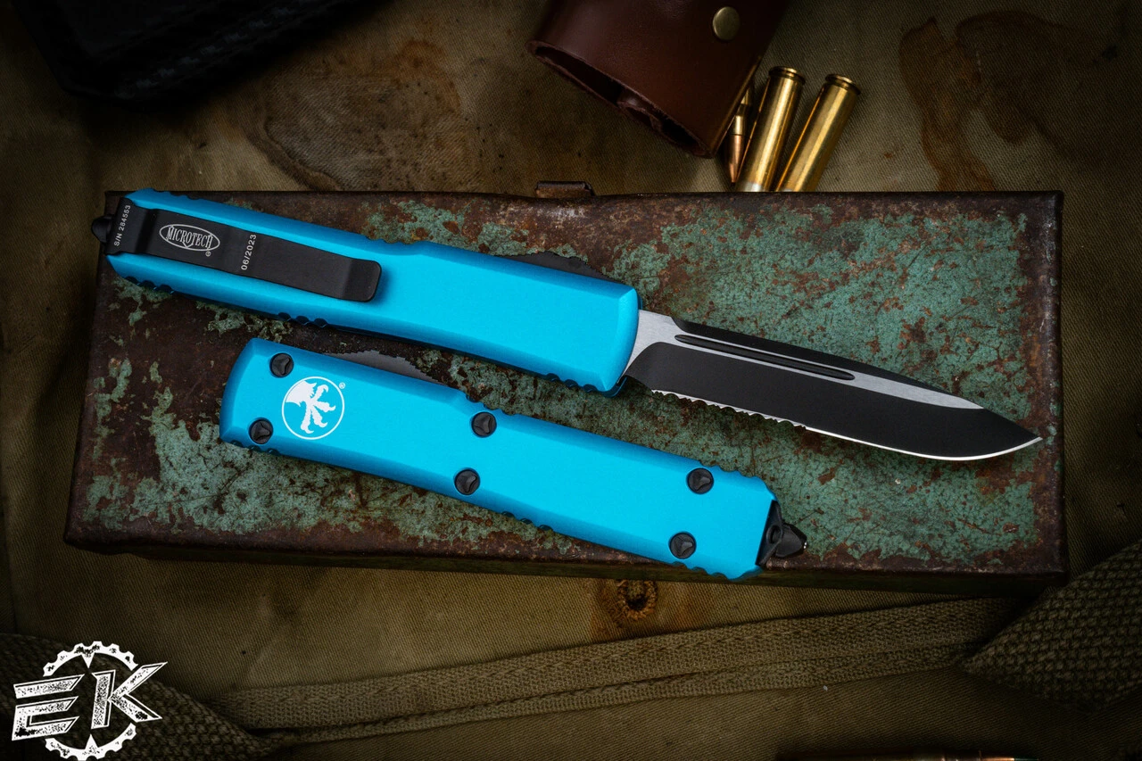 Microtech Ultratech Turquoise OTF Automatic 3.4" Drop Point Black Serrated 121-2TQ 4 Microtech Ultratech Turquoise OTF Automatic 3.4" Drop Point Black Serrated 121-2TQ - Image 2