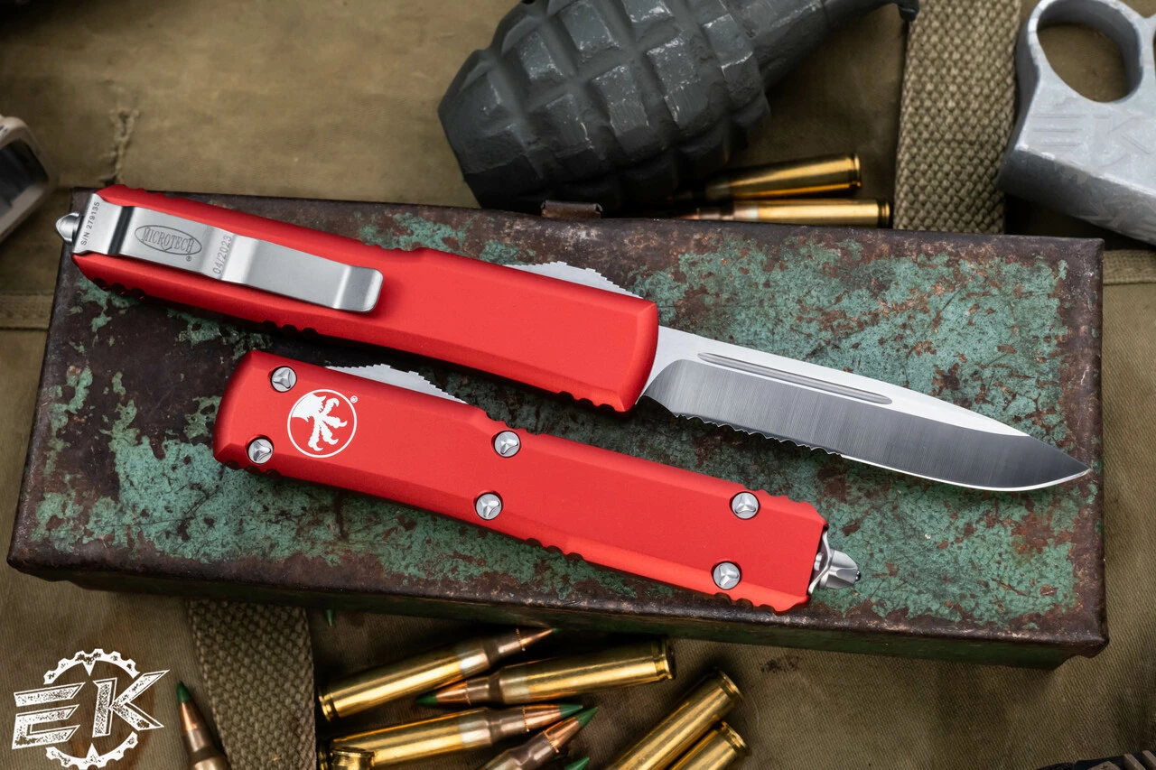 Microtech Ultratech OTF Automatic Knife Red 3.4" Drop Point Satin Serrated 121-5RD 4 Microtech Ultratech OTF Automatic Knife Red 3.4" Drop Point Satin Serrated 121-5RD - Image 2