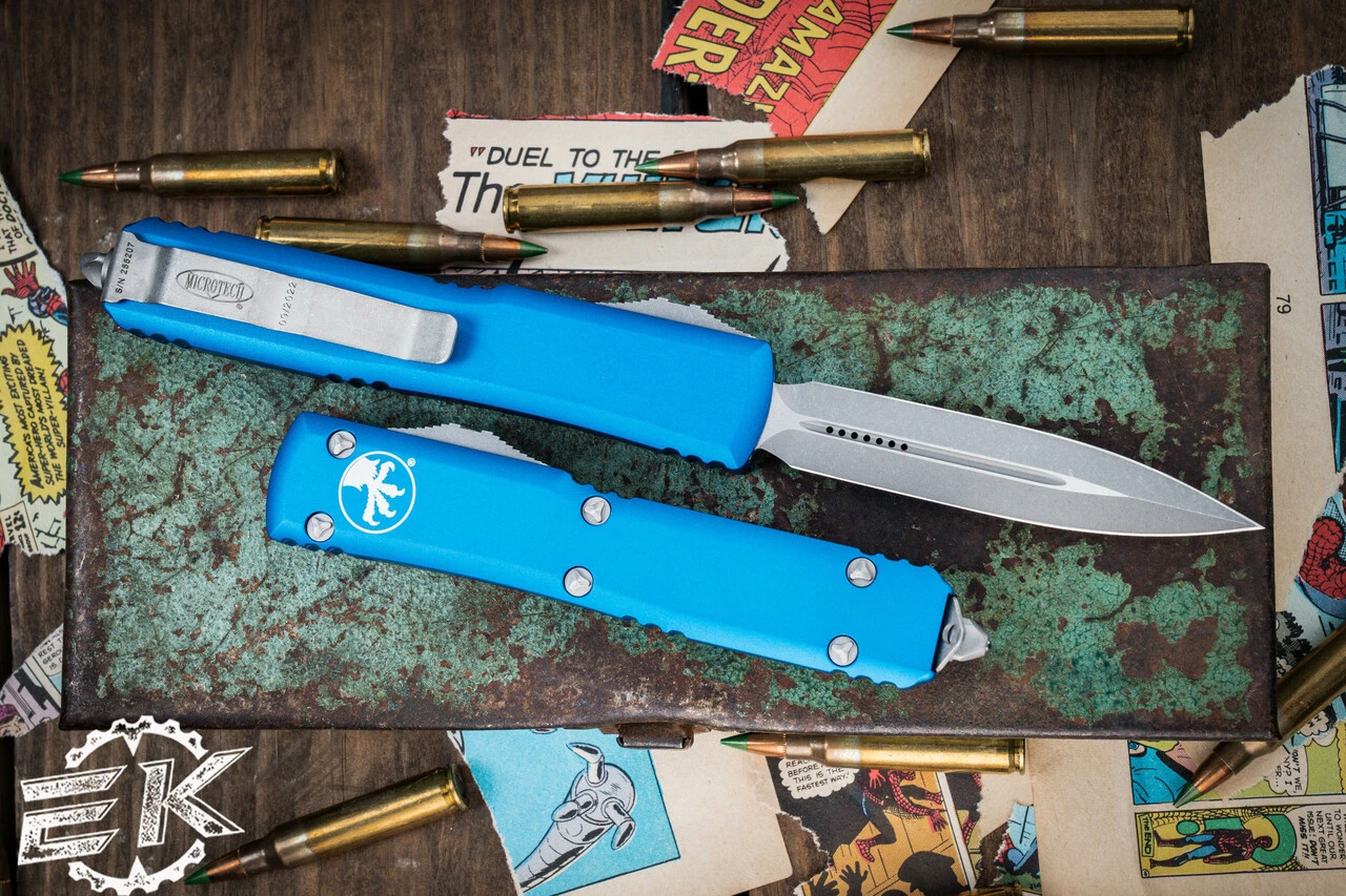 Microtech Ultratech OTF Automatic Knife Blue 3.4" Dagger Apocalyptic Stonewash 122-10APBL 3 Microtech Ultratech OTF Automatic Knife Blue 3.4" Dagger Apocalyptic Stonewash 122-10APBL