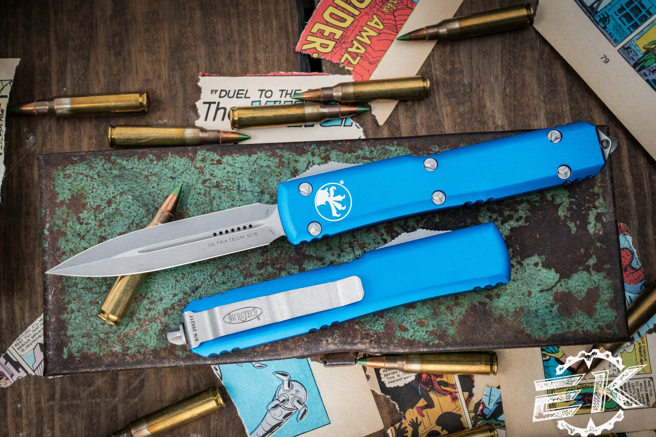 Microtech Ultratech OTF Automatic Knife Blue 3.4" Dagger Apocalyptic Stonewash 122-10APBL 4 Microtech Ultratech OTF Automatic Knife Blue 3.4" Dagger Apocalyptic Stonewash 122-10APBL - Image 2