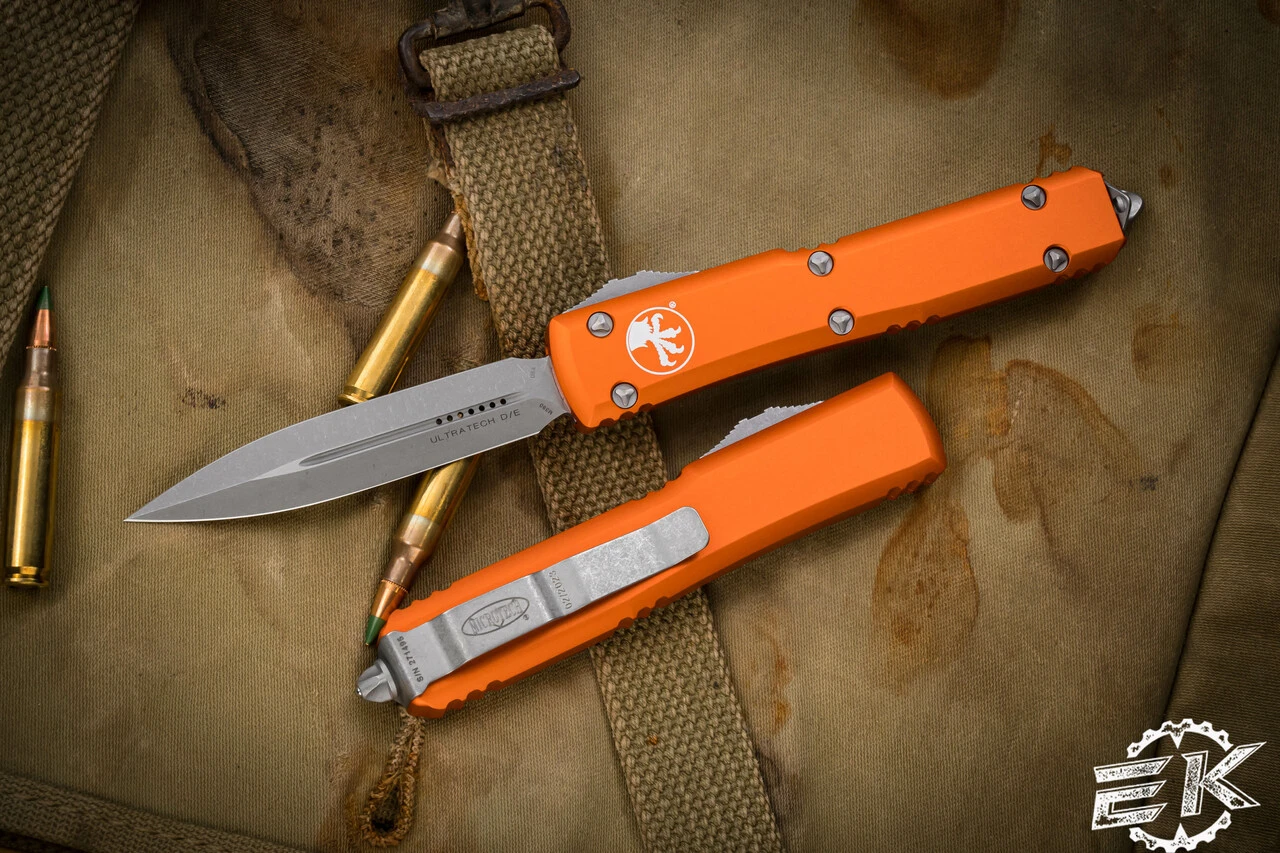 Microtech Ultratech Orange OTF Knife D/E 3.4" Apocalyptic Stonewash 122-10APOR 3 Microtech Ultratech Orange OTF Knife D/E 3.4" Apocalyptic Stonewash 122-10APOR