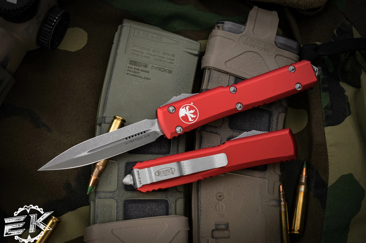 Microtech Ultratech Red OTF Automatic D/E 3.4" Apocalyptic Stonewash 122-10APRD 3 Microtech Ultratech Red OTF Automatic D/E 3.4" Apocalyptic Stonewash 122-10APRD