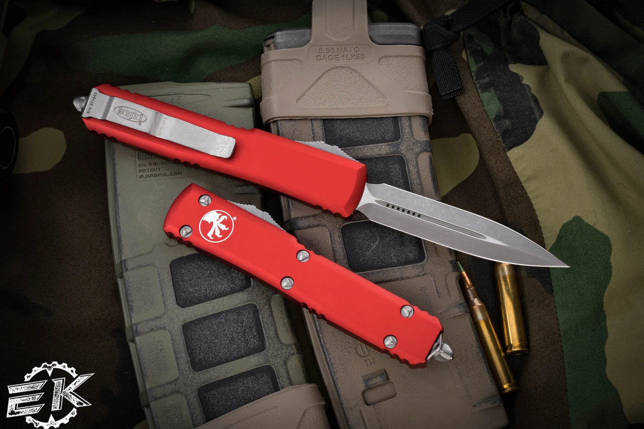 Microtech Ultratech Red OTF Automatic D/E 3.4" Apocalyptic Stonewash 122-10APRD 4 Microtech Ultratech Red OTF Automatic D/E 3.4" Apocalyptic Stonewash 122-10APRD - Image 2