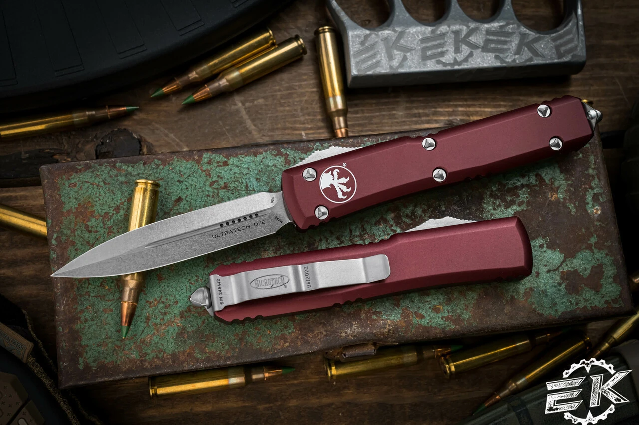 Microtech Ultratech OTF Automatic Knife Merlot Red 3.4" Dagger Stonewash 122-10MR 3 Microtech Ultratech OTF Automatic Knife Merlot Red 3.4" Dagger Stonewash 122-10MR