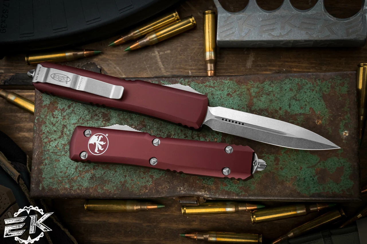 Microtech Ultratech OTF Automatic Knife Merlot Red 3.4" Dagger Stonewash 122-10MR 4 Microtech Ultratech OTF Automatic Knife Merlot Red 3.4" Dagger Stonewash 122-10MR - Image 2