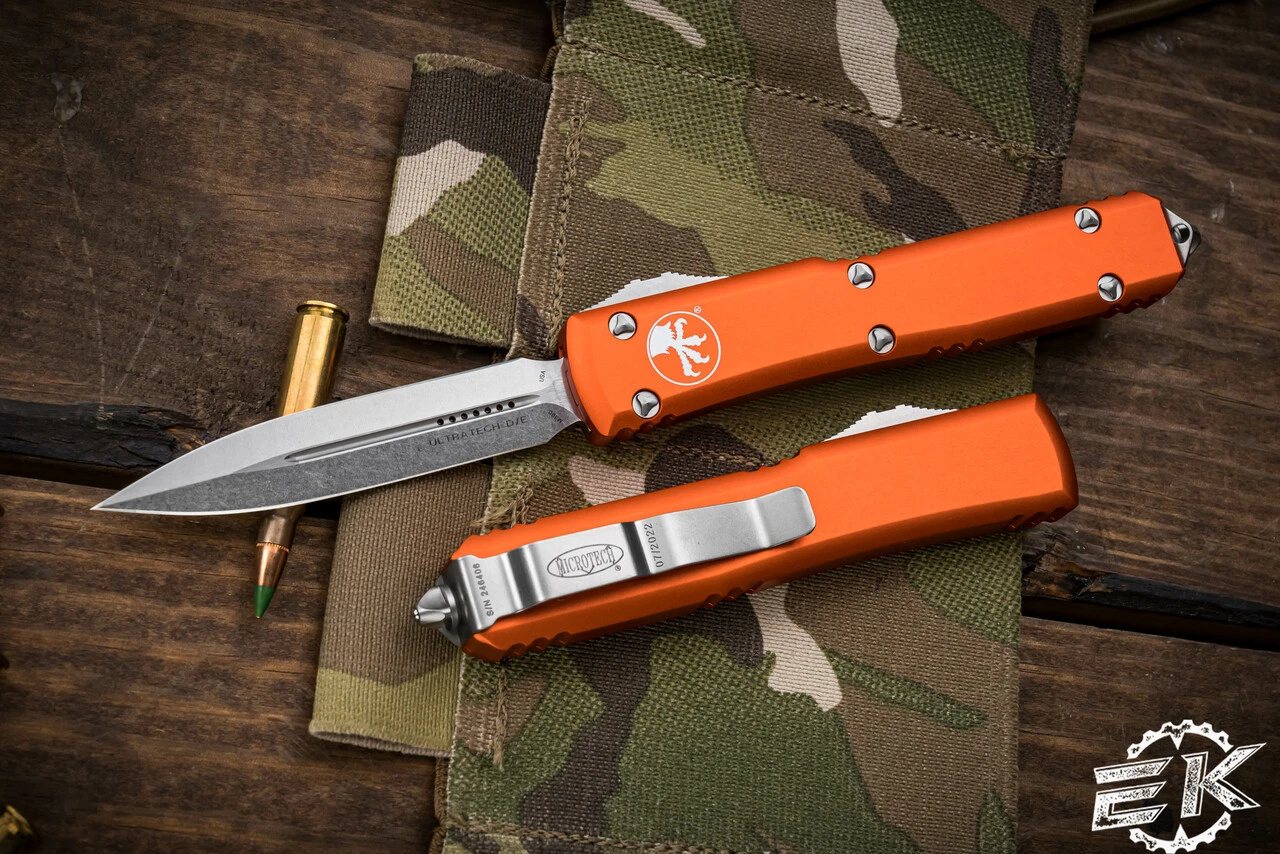 Microtech Ultratech OTF Automatic Knife Orange 3.4" Dagger Stonewash 122-10OR 3 Microtech Ultratech OTF Automatic Knife Orange 3.4" Dagger Stonewash 122-10OR