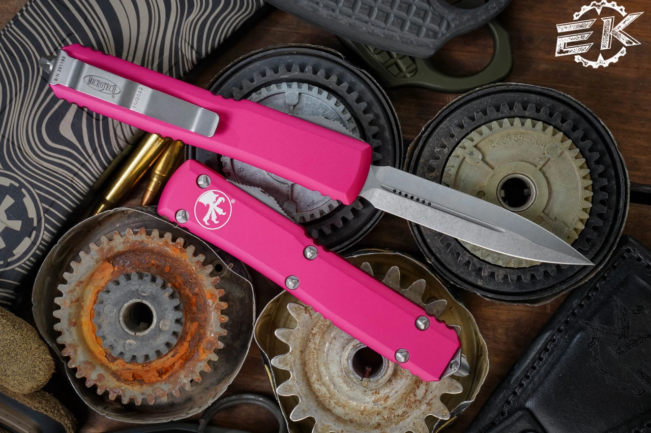 Microtech Ultratech Pink OTF Automatic Knife 3.4" Dagger Stonewash 122-10PK 4 Microtech Ultratech Pink OTF Automatic Knife 3.4" Dagger Stonewash 122-10PK - Image 2