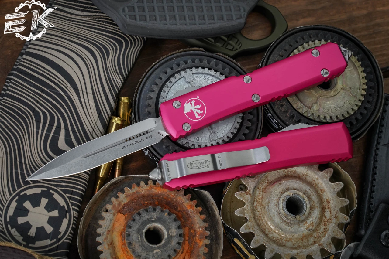Microtech Ultratech Pink OTF Automatic Knife 3.4" Dagger Stonewash 122-10PK 3 Microtech Ultratech Pink OTF Automatic Knife 3.4" Dagger Stonewash 122-10PK