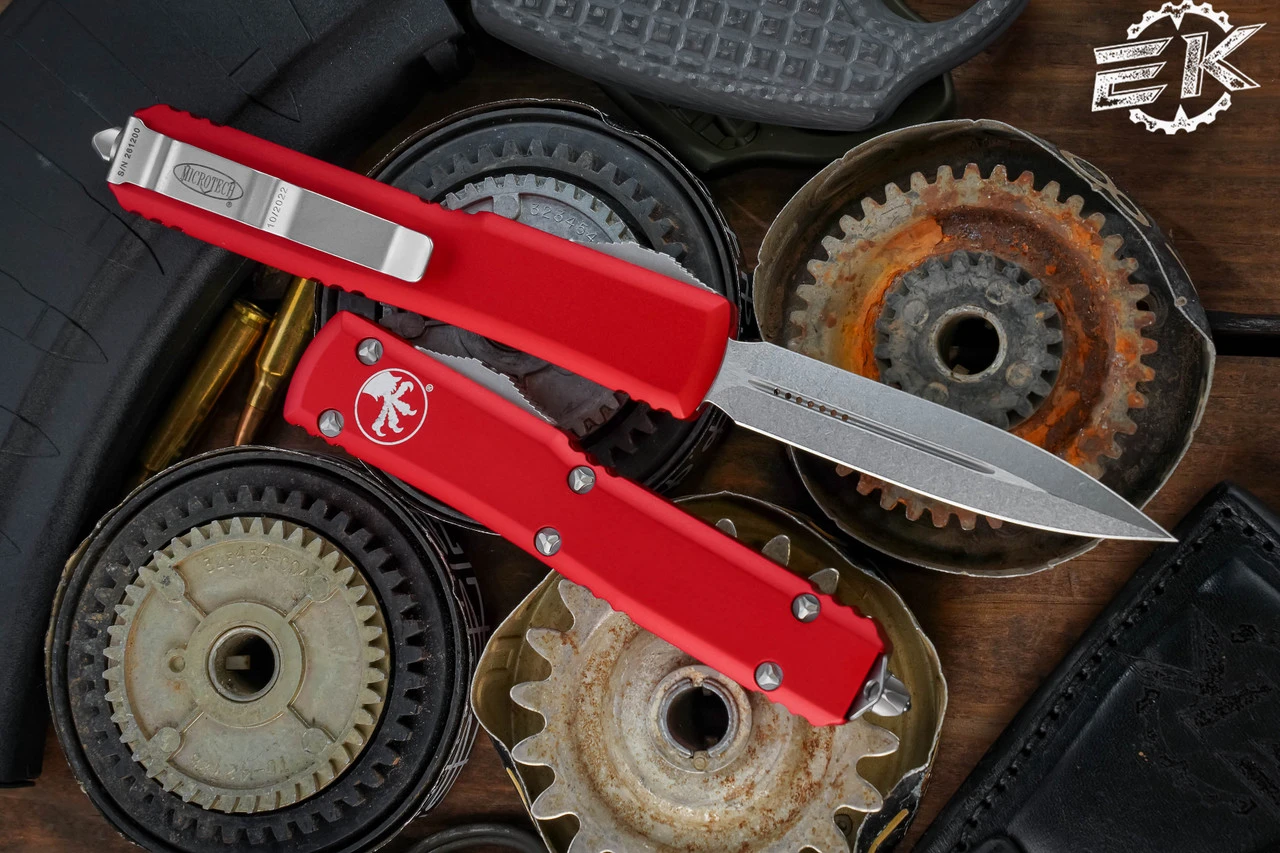Microtech Ultratech Red OTF Automatic Knife 3.4" Dagger D/E Stonewash 122-10RD 4 Microtech Ultratech Red OTF Automatic Knife 3.4" Dagger D/E Stonewash 122-10RD - Image 2