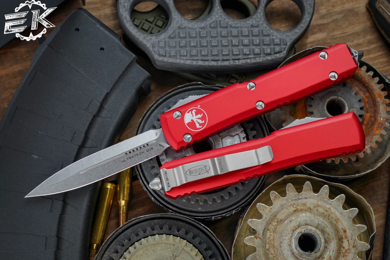 Microtech Ultratech Red OTF Automatic Knife 3.4" Dagger D/E Stonewash 122-10RD 3 Microtech Ultratech Red OTF Automatic Knife 3.4" Dagger D/E Stonewash 122-10RD