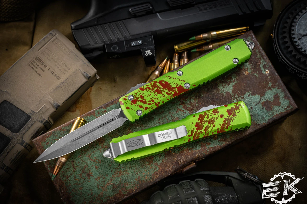 Microtech ZombieTech Ultratech Green/Red 3.4" Dagger Stonewash 122-10 Z 3 Microtech ZombieTech Ultratech Green/Red 3.4" Dagger Stonewash 122-10 Z