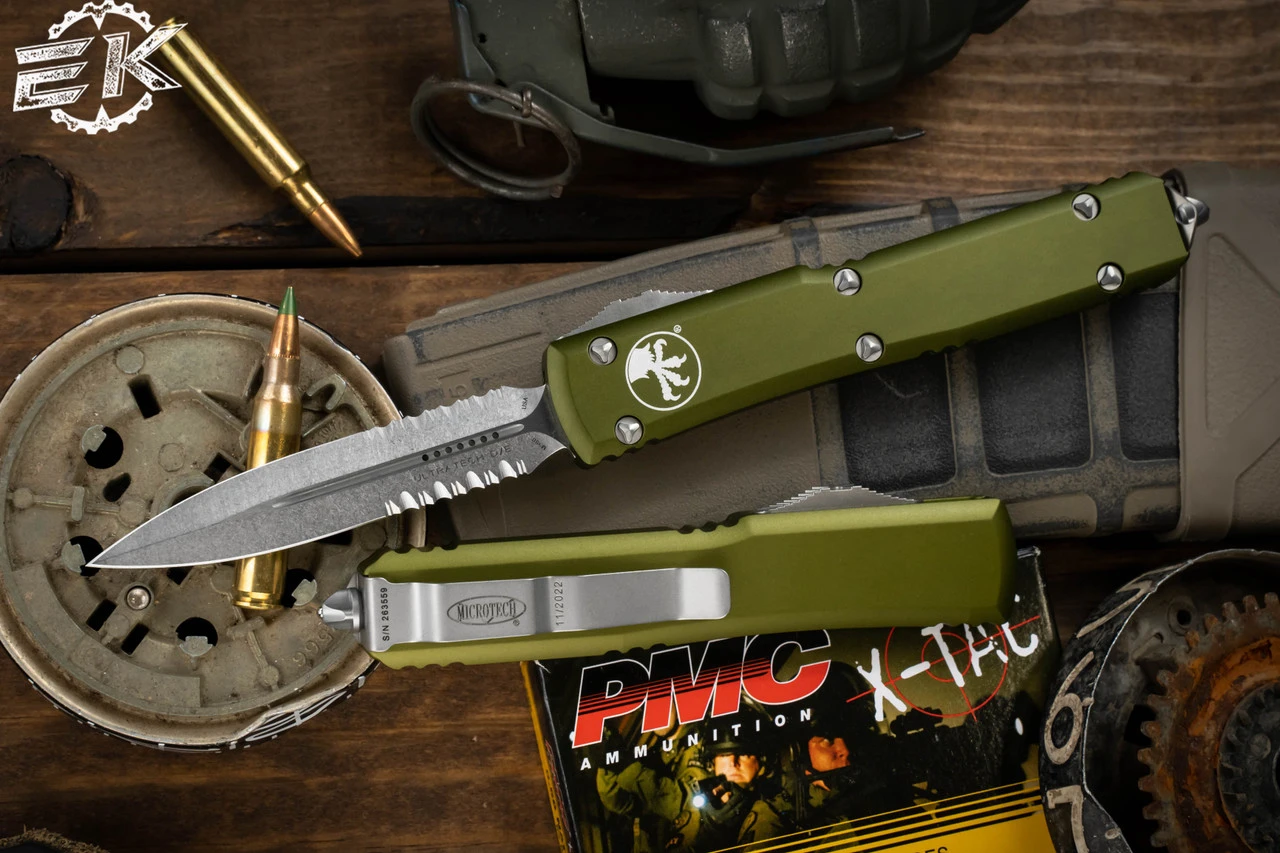 Microtech Ultratech OD Green OTF DE Stonewash Part Serrated 122-11OD 3 Microtech Ultratech OD Green OTF DE Stonewash Part Serrated 122-11OD