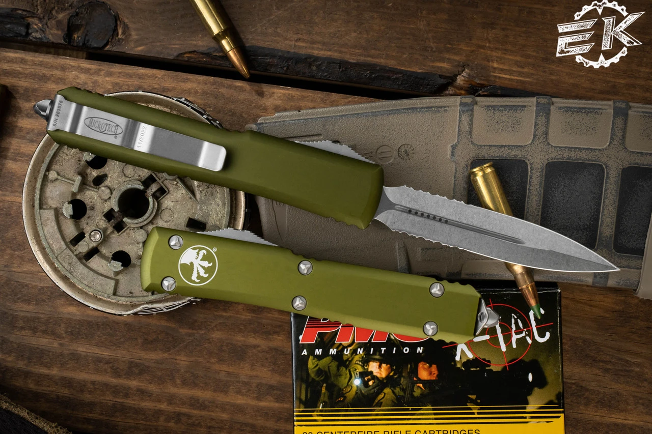 Microtech Ultratech OD Green OTF DE Stonewash Part Serrated 122-11OD 5 Microtech Ultratech OD Green OTF DE Stonewash Part Serrated 122-11OD - Image 3