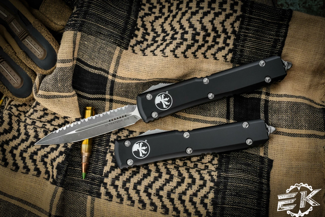 Microtech Ultratech OTF Knife Black 3.4" Dagger Apocalyptic Stonewash Serrated 122-12AP 3 Microtech Ultratech OTF Knife Black 3.4" Dagger Apocalyptic Stonewash Serrated 122-12AP