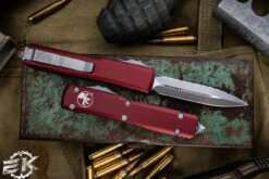 Microtech Ultratech OTF Automatic Knife Merlot Red 3.4" Dagger Apocalyptic Stonewash Serrated 122-12APMR 5 Microtech Ultratech OTF Automatic Knife Merlot Red 3.4" Dagger Apocalyptic Stonewash Serrated 122-12APMR -Southern Blades 122 12 APMR 2 30809.1684945939