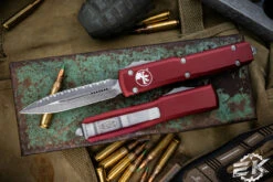 Microtech Ultratech OTF Automatic Knife Merlot Red 3.4" Dagger Apocalyptic Stonewash Serrated 122-12APMR