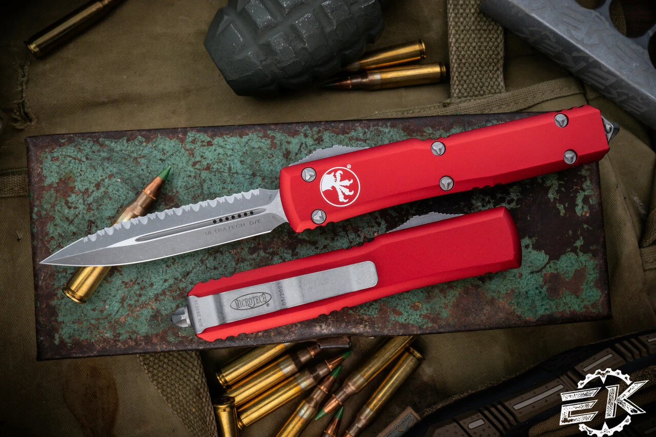 Microtech Ultratech OTF Automatic Knife Red 3.4" Dagger Apocalyptic Stonewash Serrated 122-12APRD 3 Microtech Ultratech OTF Automatic Knife Red 3.4" Dagger Apocalyptic Stonewash Serrated 122-12APRD