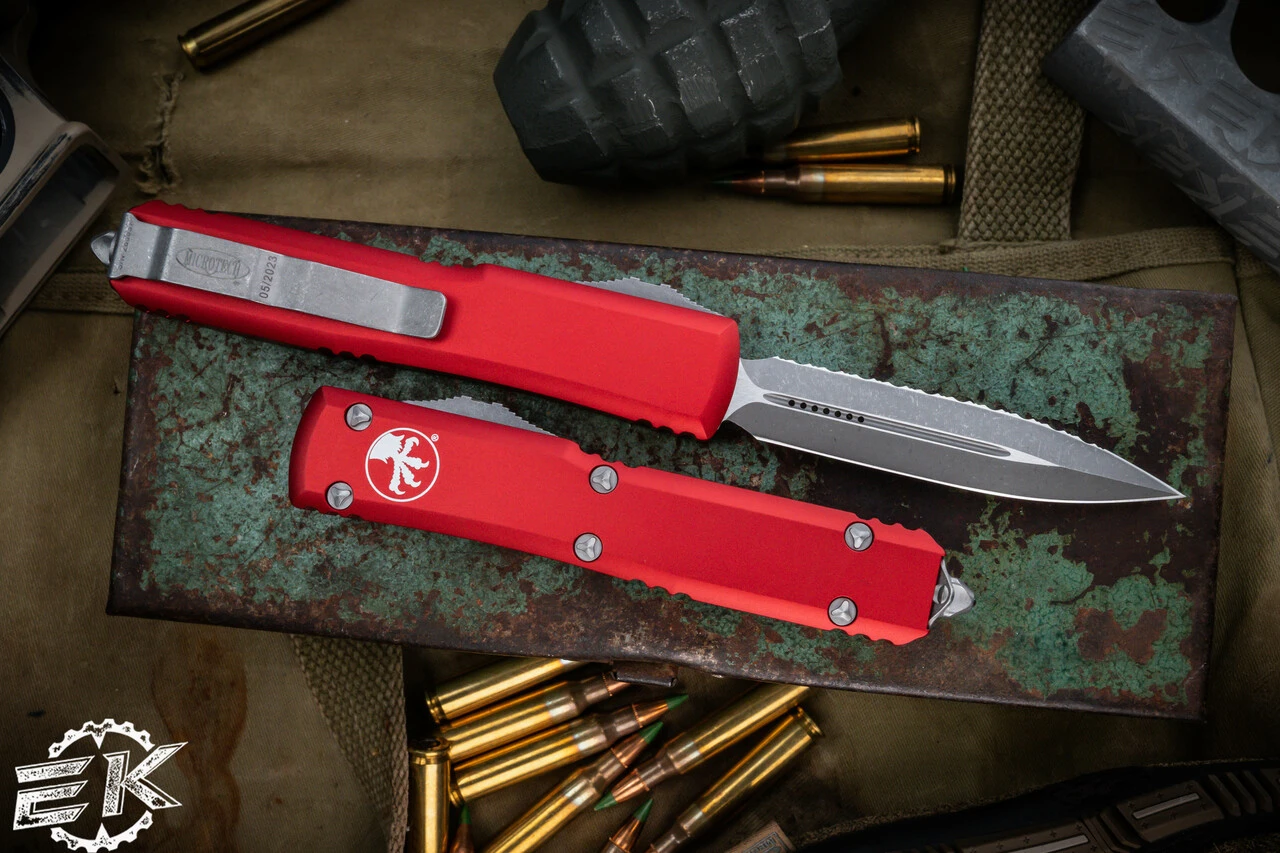Microtech Ultratech OTF Automatic Knife Red 3.4" Dagger Apocalyptic Stonewash Serrated 122-12APRD 4 Microtech Ultratech OTF Automatic Knife Red 3.4" Dagger Apocalyptic Stonewash Serrated 122-12APRD - Image 2