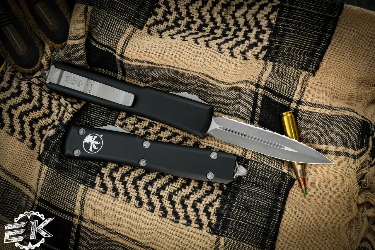 Microtech Ultratech OTF Knife Black 3.4" Dagger Apocalyptic Stonewash Serrated 122-12AP 5 Microtech Ultratech OTF Knife Black 3.4" Dagger Apocalyptic Stonewash Serrated 122-12AP - Image 3