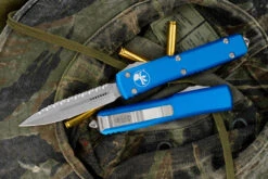 Microtech Ultratech OTF Automatic Knife Blue 3.4" Dagger Stonewash Serrated 122-12BL