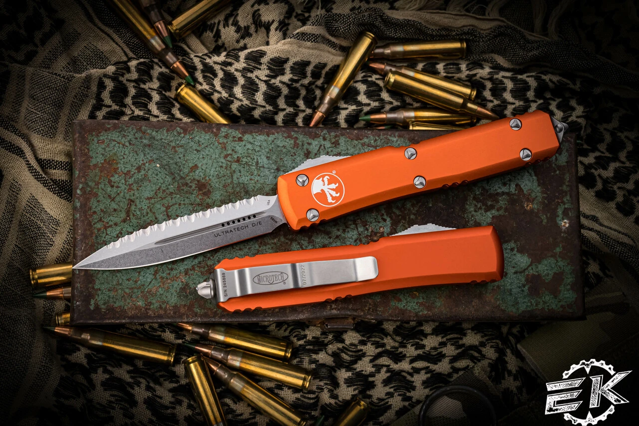 Microtech Ultratech OTF Automatic Knife Orange 3.4" Stonewash Dagger Serrated 122-12OR 3 Microtech Ultratech OTF Automatic Knife Orange 3.4" Stonewash Dagger Serrated 122-12OR